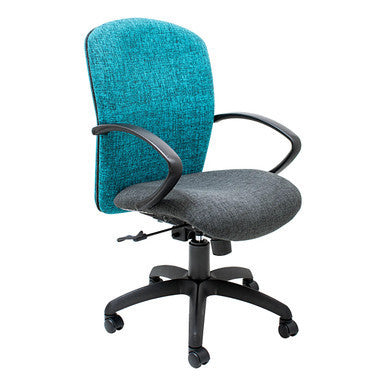 Diva Medium-back Office Chair by 67, Featuring a Teal Backrest, Grey Seat, and Black Frame, Showcasing an Ergonomic Office Chair Design with Adjustable Features and a Sturdy Base with Wheels.