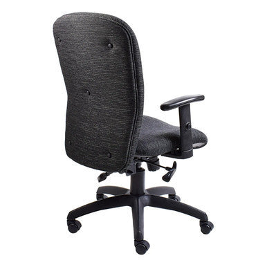Diva Medium-back Office Chair with Dark Grey Fabric Seat and Backrest, Black Armrest, and Five-Legged Base with Casters, Featuring a Sturdy Frame and Adjustable Design for Ergonomic Comfort.