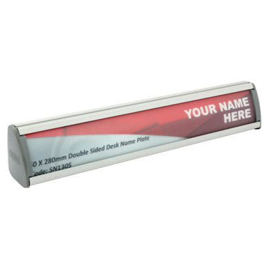 Double-sided Desk Name Plate Sign Frame, 280 x 50 mm, by Brand 67, in Silver Colour, with Media Cover and Plastic End Caps, Serving as a Professional Reception Sign Holder for Custom Sign Graphic Design and Printing.
