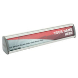 Double-sided Desk Name Plate Sign Frame, 280 x 50 mm, by Brand 67, in Silver Colour, with Media Cover and Plastic End Caps, Serving as a Professional Reception Sign Holder for Custom Sign Graphic Design and Printing.