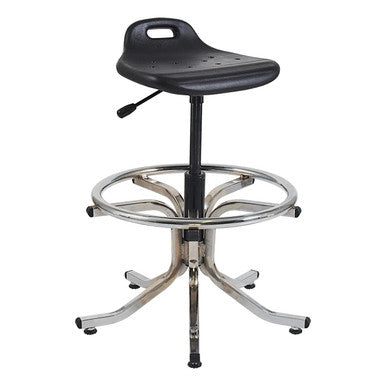 Black Adjustable Office Chair with PU Seat, Chrome Base, and Four Legs, Featuring a Modern Design with a Height-Adjustable Mechanism and a Hole in the Back of the Seat, from Brand 67, Model PUB9 Draughtsman Chair.