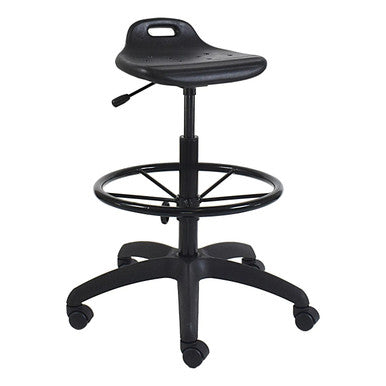 Black PUB9 Draughtsman Chair by 67, a Gas Height Adjustment Chair with a Solid PU Seat, Four-Legged Base, and Castor Wheels, Featuring a Modern Armless Design for Versatile Office Use.