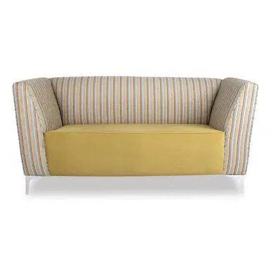 Durban Sofa Double Seater by Office Stock South Africa, Featuring a Striped Back and Armrests with a Vibrant Yellow Seat, Presented on Sleek White Legs, Showcasing a Modern and Ergonomic Design.