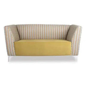 Durban Sofa Double Seater by Office Stock South Africa, Featuring a Striped Back and Armrests with a Vibrant Yellow Seat, Presented on Sleek White Legs, Showcasing a Modern and Ergonomic Design.