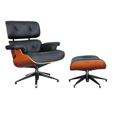 Eames Lounger High-back Office Chair with Footrest, Black Leather Seating with Wooden Accents and Chrome Base