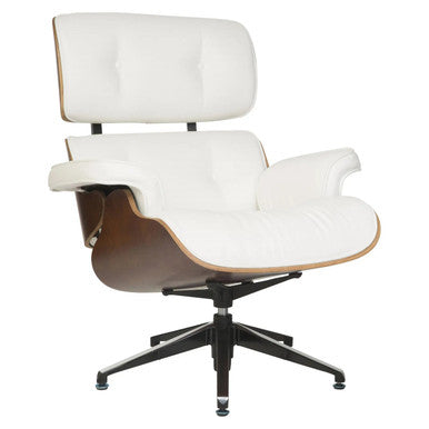 Eames Lounger High-back Office Chair with Footrest, White Leather Upholstery, Wooden Accents, and a Black Metal Base with Wheels.
