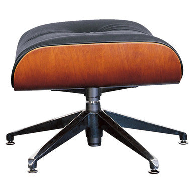 Eames Lounger High-back Office Chair with Footrest, Modern Office Chair with Black Leather Upholstery, Wooden Side Panels, and Adjustable Footrest, Supported by a Sturdy Black Metal Base with Caster Wheels.