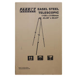 Easel Steel Telescopic (1100 x 2100 mm) BD9000, Product Packaging Box with Illustration of the Steel Telescopic Easel and Specifications.
