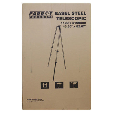 Easel Steel Telescopic (1100 x 2100 mm) BD9000, Product Packaging Box with Illustration of the Steel Telescopic Easel and Specifications.
