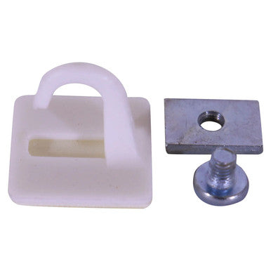 Easy Groove Frame Hook AL0420, Image Showing a White Plastic Hook with a Curved Top and a Slot, and a Metal Mounting Bracket with a Threaded Bolt for Secure Installation.