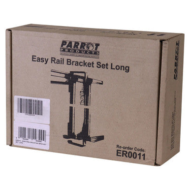 Easy Rail Mounting Bracket Set Long ER0011, Cardboard Box Packaging with Product Name, Black Illustration of the Bracket Set, Barcode Labels.