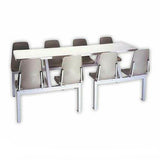 Eight-Seater Canteen Rectangular Poly Shell Set DP8, an Image Showing a White Rectangular Table with Eight Attached Black and Beige Chairs Suitable for Canteen or Cafeteria Use.