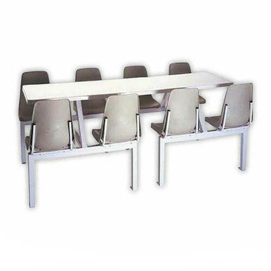 Eight-Seater Canteen Rectangular Poly Shell Set DP8, an Image Showing a White Rectangular Table with Eight Attached Black and Beige Chairs Suitable for Canteen or Cafeteria Use.