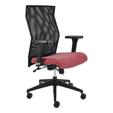 Exodus Medium-back Office Chair by 67, an Ergonomic Office Chair with Black Mesh Back, Red Cushioned Seat, and Adjustable Armrests, on a Five-Star Base with Wheels, Showcasing Comfort and Support for Professionals.
