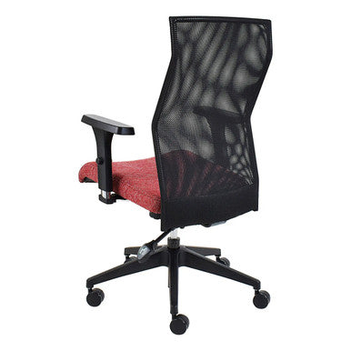 Exodus Medium-back Office Chair by Office Stock South Africa, Featuring a Black Mesh Back, Red Cushioned Seat, and Adjustable Armrest, on a Sturdy Black Base with Wheels, Perfect for Ergonomic Comfort as an Office Chair South Africa.