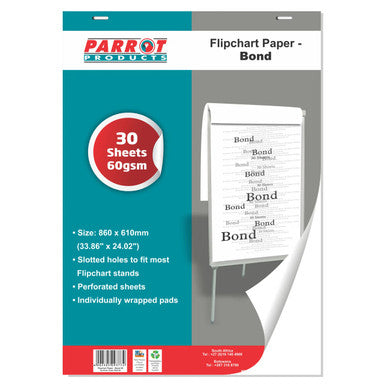 Flipchart Paper Bond 30 Sheets 860 x 610 mm, Image of the Product Packaging Showing Perforated Sheets, Slotted Holes for Stands, Individually Wrapped Pads, and Spiral Bound Design.