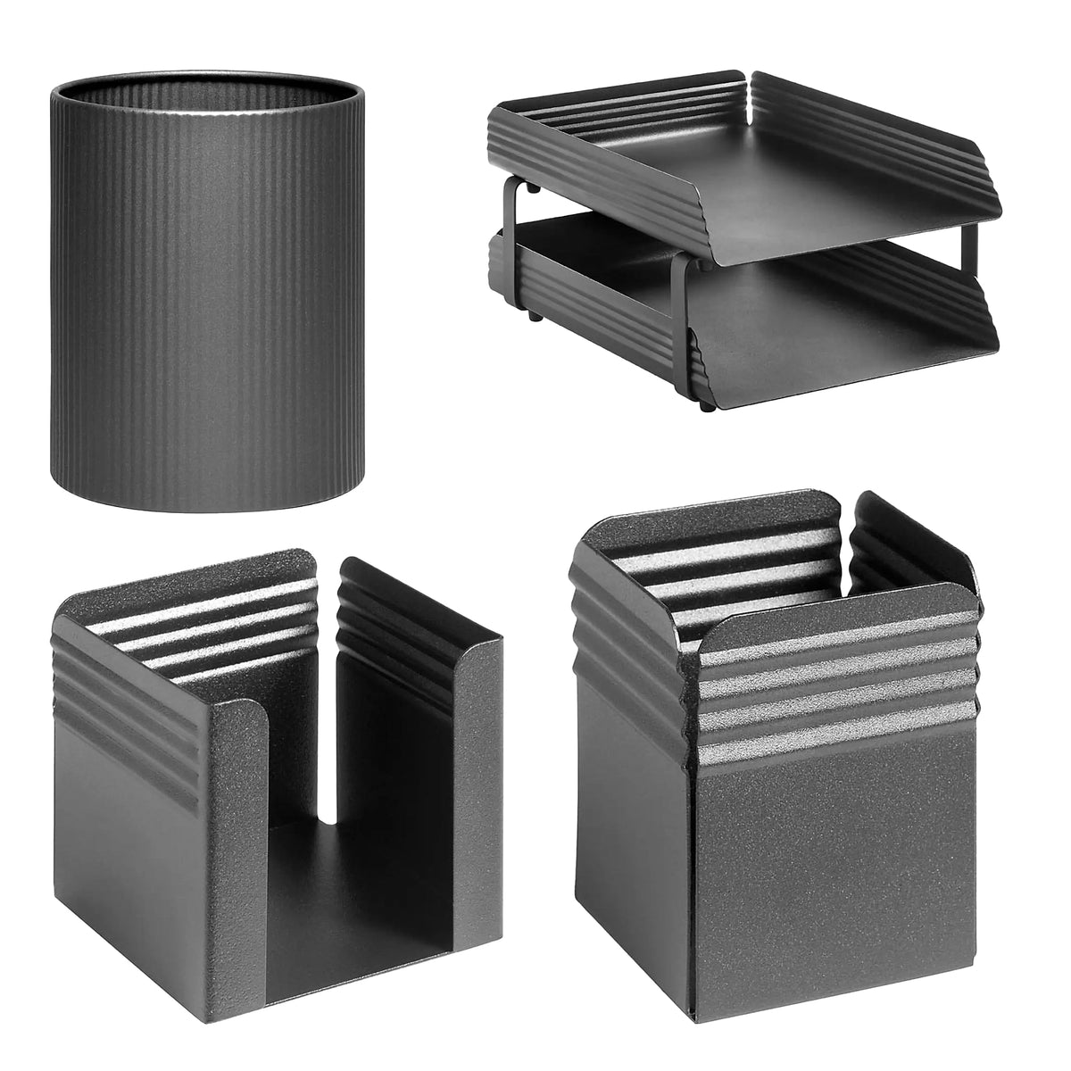 Fluted Desk Set: Two Tier Letter Tray, Paper Cube Holder, Pencil Cup, Waste Paper Bin