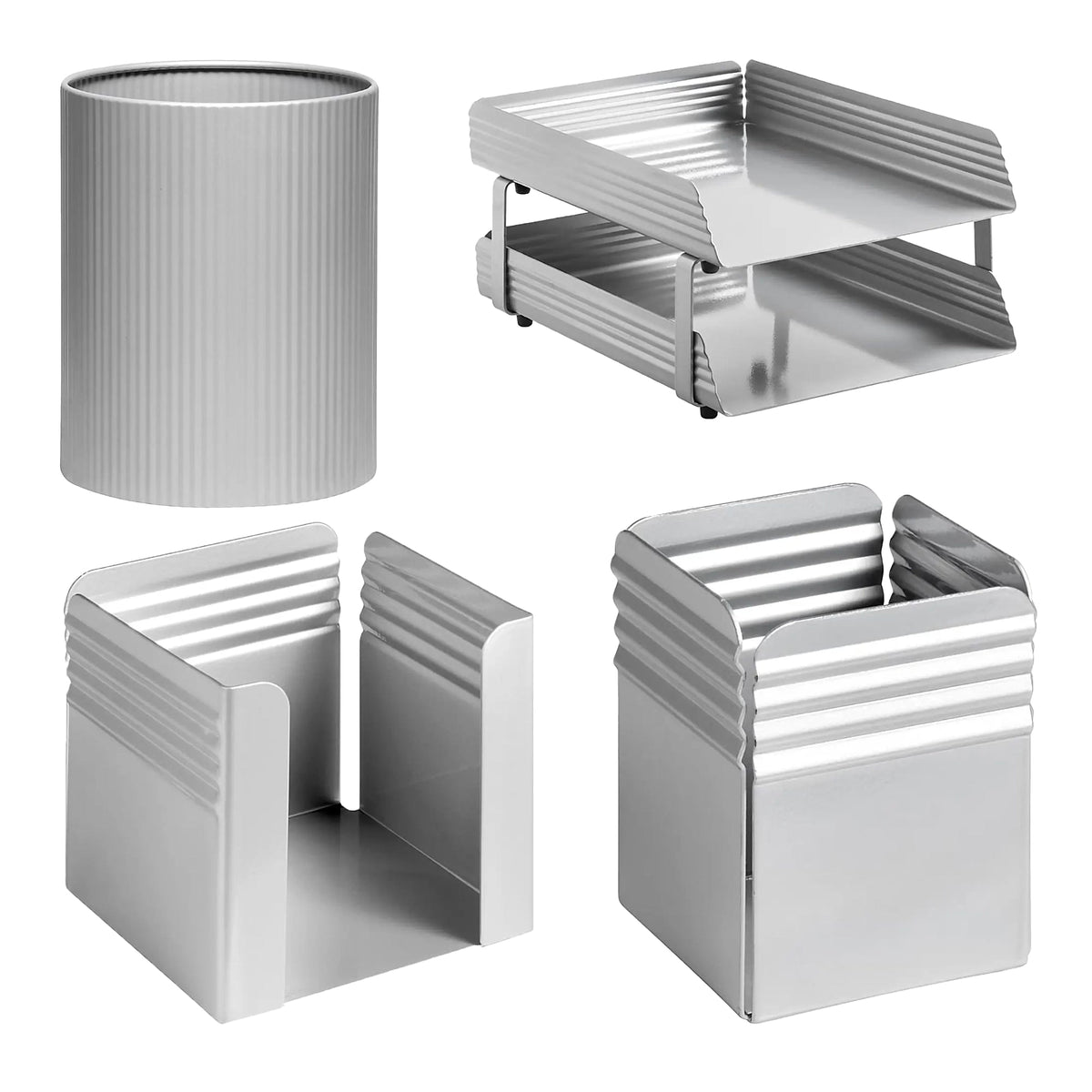 Fluted Desk Set: Two Tier Letter Tray, Paper Cube Holder, Pencil Cup, Waste Paper Bin