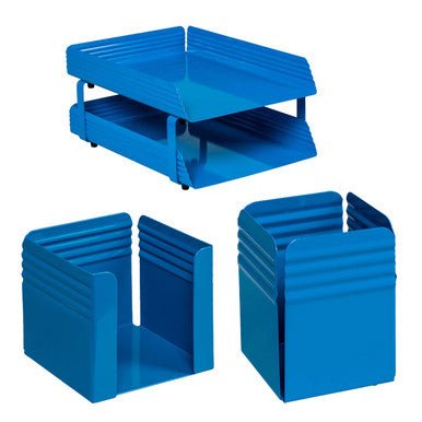 Fluted Steel Desk Set: Two Tier Letter Tray, Paper Cube Holder, and Pencil Cup
