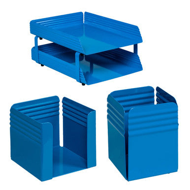 Fluted Steel Desk Set: Two Tier Letter Tray, Paper Cube Holder, and Pencil Cup