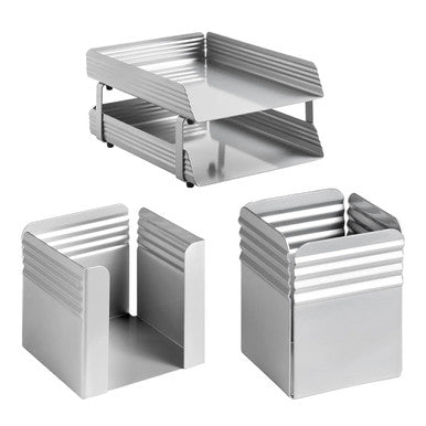 Fluted Steel Desk Set: Two Tier Letter Tray, Paper Cube Holder, and Pencil Cup