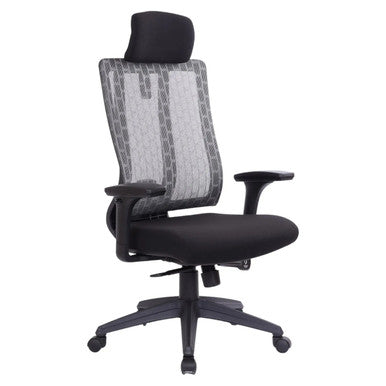 Follow Me High-back Office Chair by 67, Featuring a Moulded Foam Seat, Black Mesh Back, Adjustable Armrests, and Five-Star Base with Castors, Showcasing Ergonomic Design and Comfort.