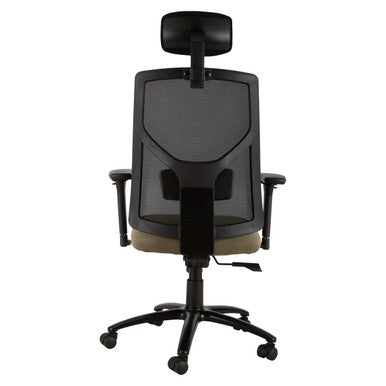 Fortress High-back Office Chair by 67, a Black Supportive Office Seating with Mesh Back, Headrest, and Tan Seat, Featuring a Heavy-Duty Base with Five Wheels, Providing Comfort and Durability for Long Hours at a Desk.