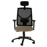 Fortress High-back Office Chair by 67, Featuring a Black Mesh Back, Tan Seat, and Durable Frame, Exemplifying Durable Office Furniture with a Heavy-Duty Design, Adjustable Headrest, and Ergonomic Armrests on a Five-Star Base with Wheels.