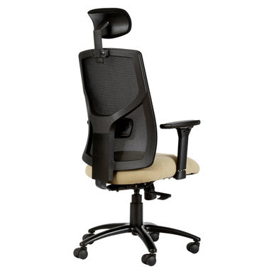 Fortress High-back Office Chair by 67, Featuring a Black Frame, Headrest, and Armrests with a Beige Seat, Showcasing Its Ergonomic Design and Durable Construction for Comfort and Support.