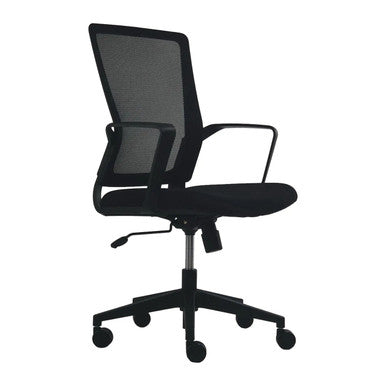 Galaxy G8 Mesh Medium-Back Office Chair. Black mesh back frame. Black fabric seat with moulded foam. PP Loop arms. Swivel and tilt mechanism. Nylon base.
