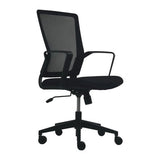 Galaxy G8 Mesh Medium-Back Office Chair. Black mesh back frame. Black fabric seat with moulded foam. PP Loop arms. Swivel and tilt mechanism. Nylon base.