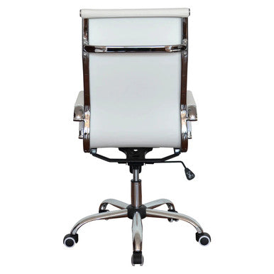 Generic High-back Office Chair, Modern Ergonomic Chair with White Cushioning, Chrome Armrests, and a Chrome Base with Five Caster Wheels for Mobility.