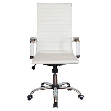 Generic High-back Office Chair, White Ergonomic Swivel Chair with Chrome Accents, Adjustable Height and Five Caster Wheels for Mobility.