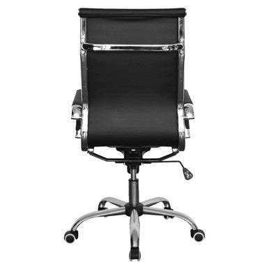 Generic High-back Office Chair, Black Ergonomic Office Chair with High Backrest, Chrome Frame, Adjustable Height, and Caster Wheels for Mobility.