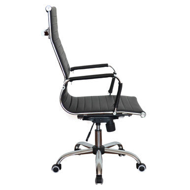 Generic High-back Office Chair, a Black Ergonomic Office Chair with High Backrest, Armrests, and Adjustable Height, Featuring a Chrome-Finished Base with Wheels for Mobility.