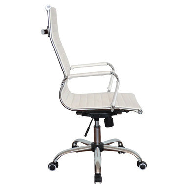 Generic High-back Office Chair, White Leather Executive Desk Chair with Chrome Frame and Adjustable Height, Suitable for Office Workspace.