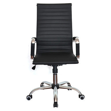 Generic High-back Office Chair, Modern Black Ergonomic Office Chair with Padded Armrests and Adjustable Height, Featuring a Sleek Design with a Chrome Base and Caster Wheels.