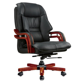 Black Leather Swivel Tilt Chair by 67, Featuring a Sturdy Mahogany Frame, Cushioned Seat and Backrest, and Adjustable Base with Wheels, Showcasing a Sleek and Ergonomic Design for Comfort and Support.