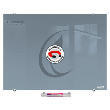 Glass Board Designer Series Magnetic Custom Printed (900 x 600 mm) BD1725A, a Large Grey Glass Whiteboard with a Magnetic Surface and Custom Print Design, Mounted on the Wall with Metallic Standoffs.
