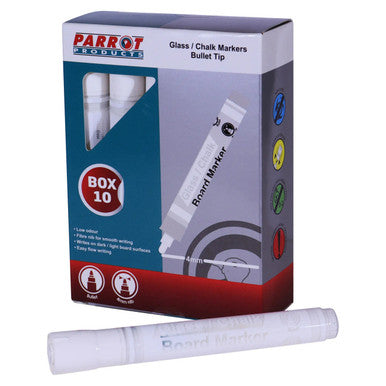 Glass / Chalkboard Markers (White Box 10) PC1001A, Image of a Box of White Glass and Chalkboard Markers with One Marker Displayed in Front of the Box.