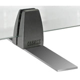 Glass Till Point Screen 580 x 880 mm Landscape MEDTS04, Product Image Showing a Glass Point of Sale Screen with a Metal Bracket and a Broad Glass Panel.