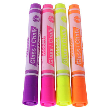 Glass/Chalkboard Markers Pouch 4, Image of Four Colourful Chalk Markers in Pink, Purple, Yellow, and Orange, with the Product Code PC0602B.