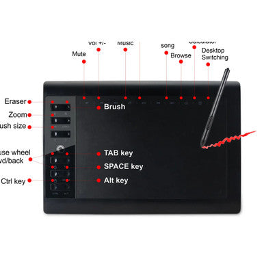 Graphics Tablet (Wired - 10 x 6 Inch) GT1060P, Product Image Showing a Black Drawing Tablet with Labeled Buttons and Features, Including a Stylus Pen on the Right Side.