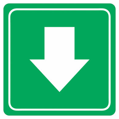 Green Arrow Sign on White ACP, 150 x 150 mm, with Rounded Edges and UV Print. a Green Square Sign with a White Border and Downward Pointing Arrow, Double-sided Tape Included, from Brand 67.