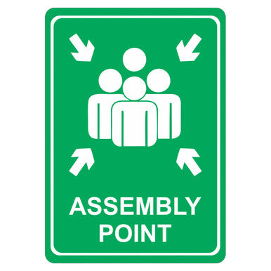 Green Assembly Point Sign with White Graphic and Text, Printed on White ACP Using UV Print Technology, 297 x 210 mm, Featuring Rounded Edges and Double-sided Tape, from Brand 67, in A4 Size.