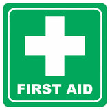 Green First Aid Symbol Sign with White Cross and Text on Green Background, 150 x 150 mm, Printed on White ACP with Rounded Edges, Featuring a Double-sided Tape, Showcasing a Clear Green First Aid Symbol for Easy Identification.