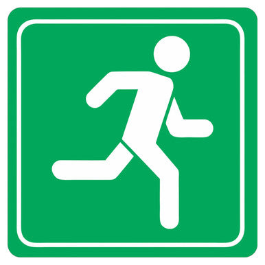 Green Man Running Symbolic Sign, 150 x 150 mm, Made of Durable ACP with UV Print and Rounded Edges, Featuring a White Border and Figure on a Green Background, Mounted with Double-sided Tape for a Durable Sign.
