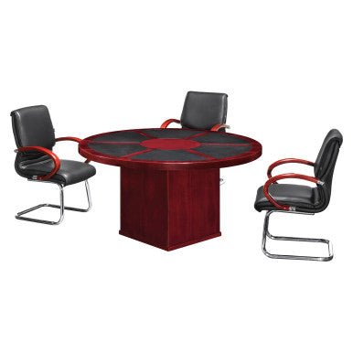 H015 Round Conference Table with Leather Inlays – Mahogany Veneer