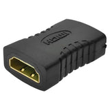 HDMI Female to HDMI Female Adapter, Black Compact Connector with Gold-Plated Ports for HDMI Cables.