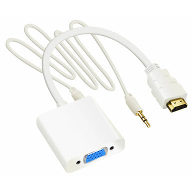 HDMI to VGA with Audio Converter, White HDMI to VGA Adapter with 3.5 mm Audio Jack and VGA Port, Compact Electronic Device for Converting HDMI Signals to VGA Output.